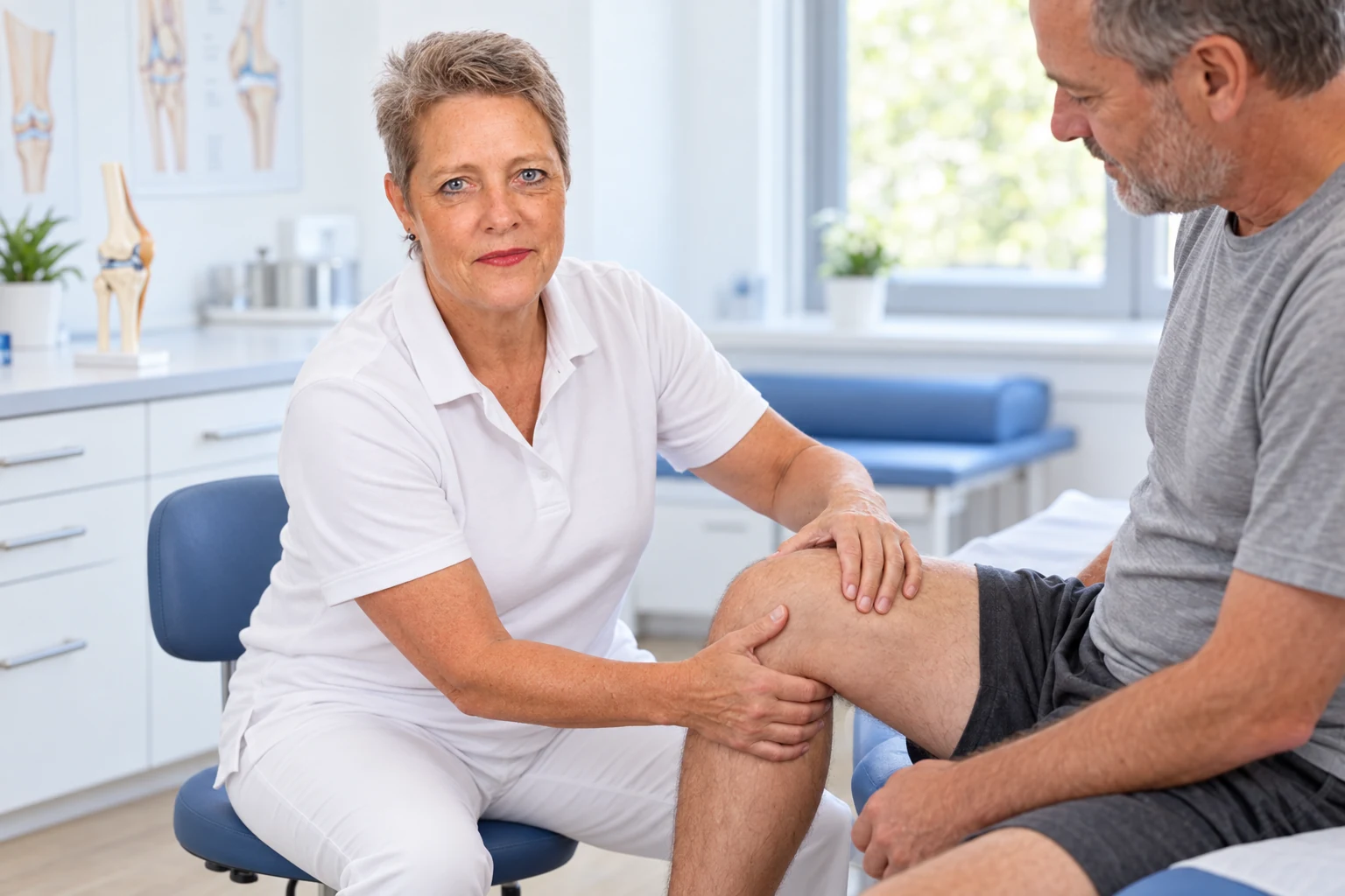 KI-Symbolszene: Frau Michel-Leutheuser untersucht das Knie eines Patienten