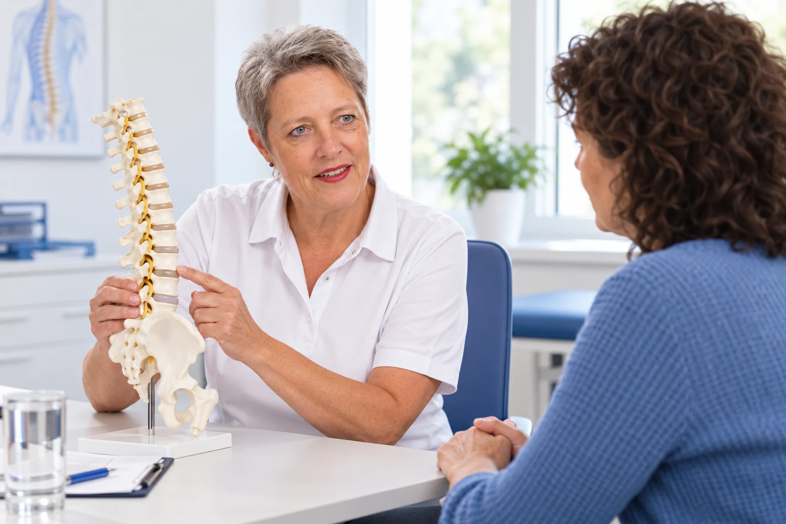 KI-Symbolszene: Frau Michel-Leutheuser erläutert einer Patientin ein Wirbelsäulenmodell